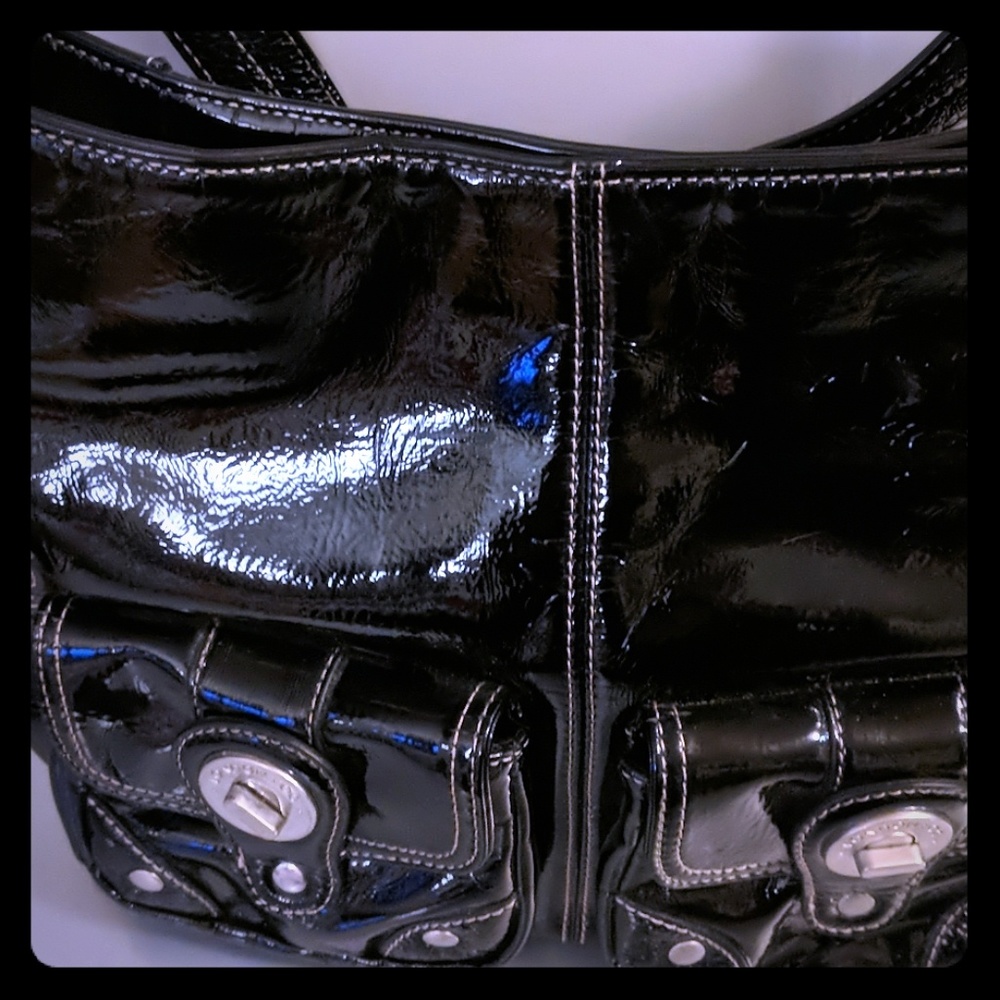 London Fog crinkle patent leather hobo